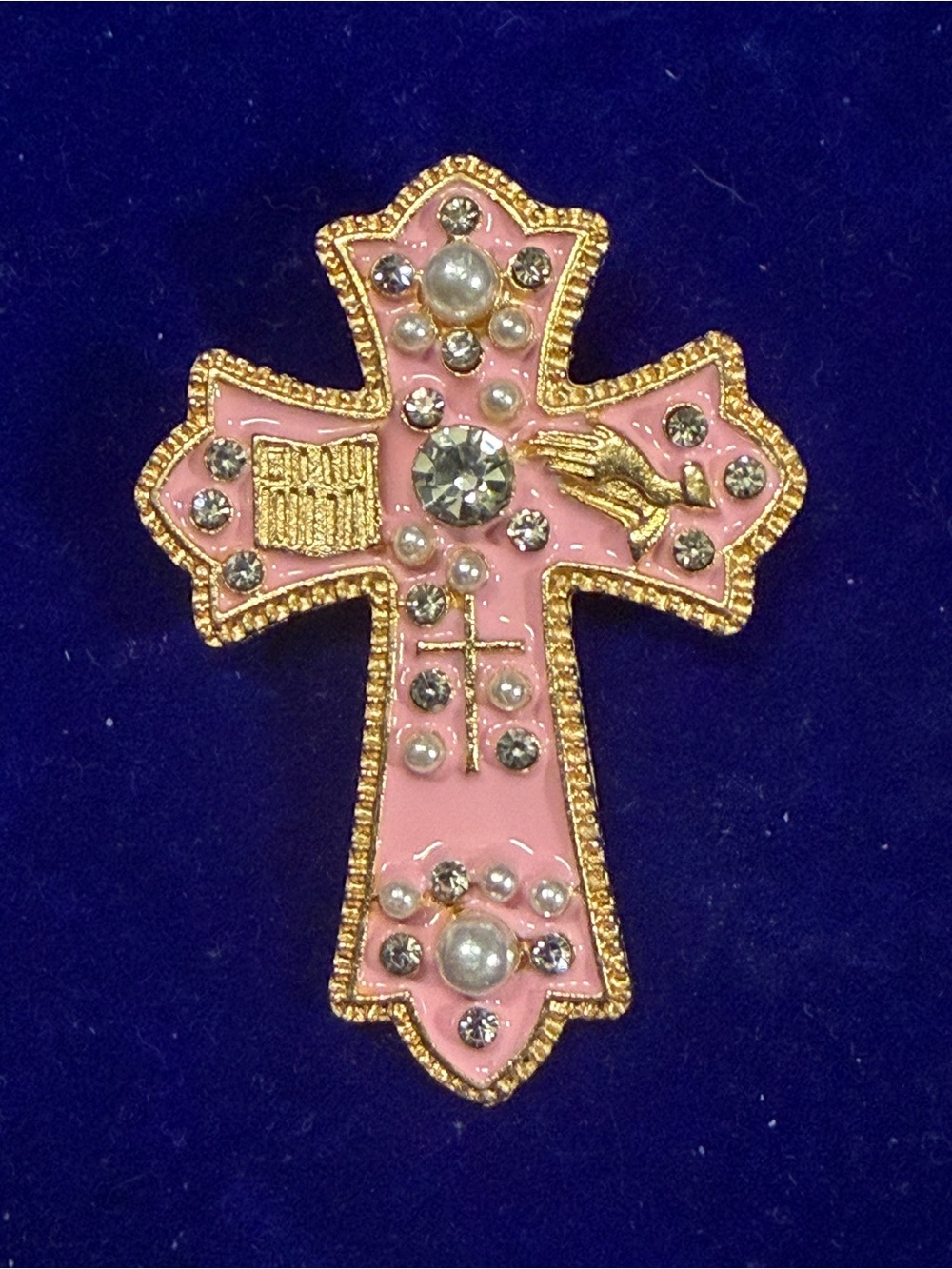 Pink Enamel Religious Cross Brooch Pin with Crystal & Pearl Accents